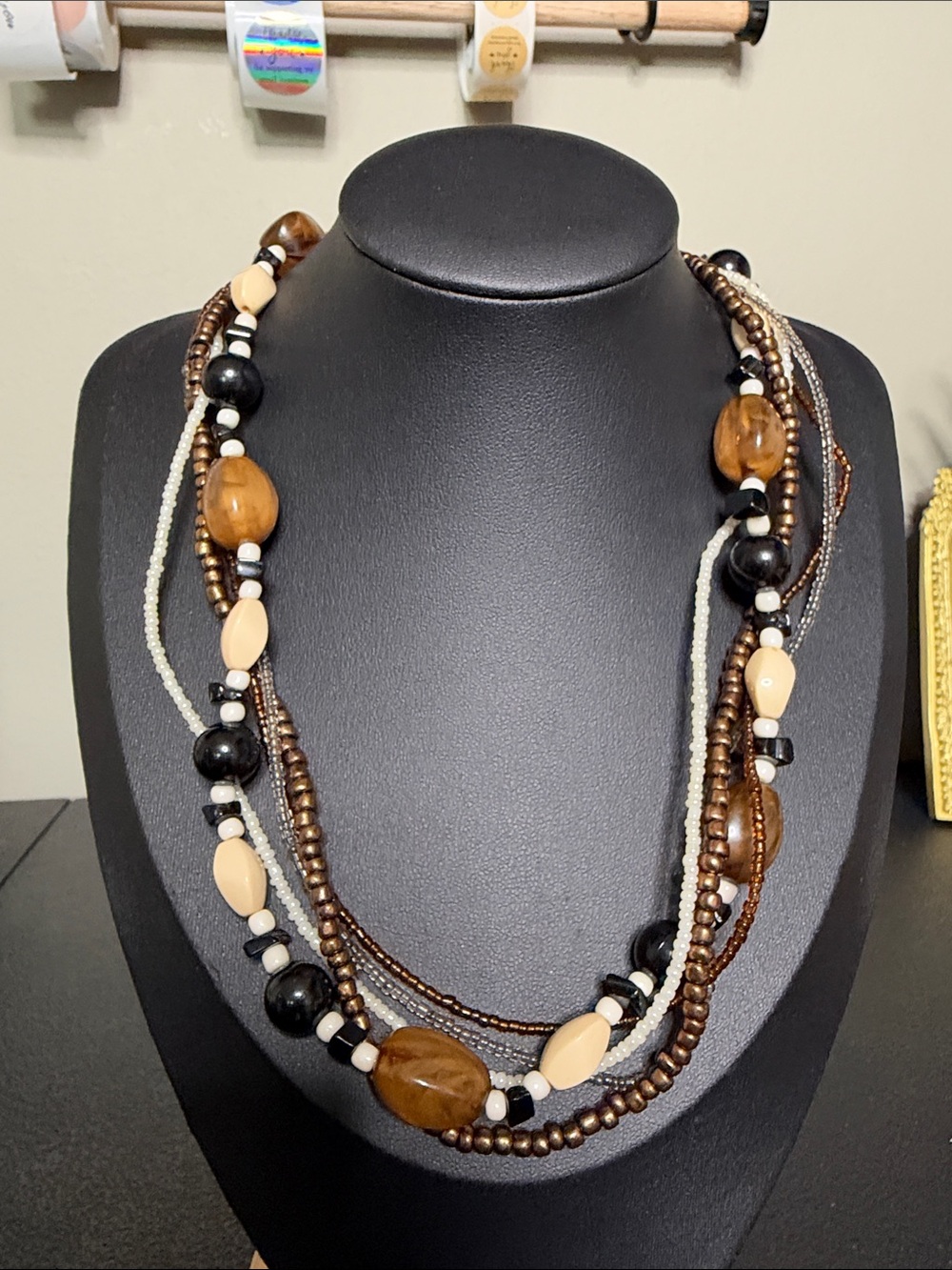 Boho Vintage Acrylic Multi-Strand Brown Black Beaded Necklace